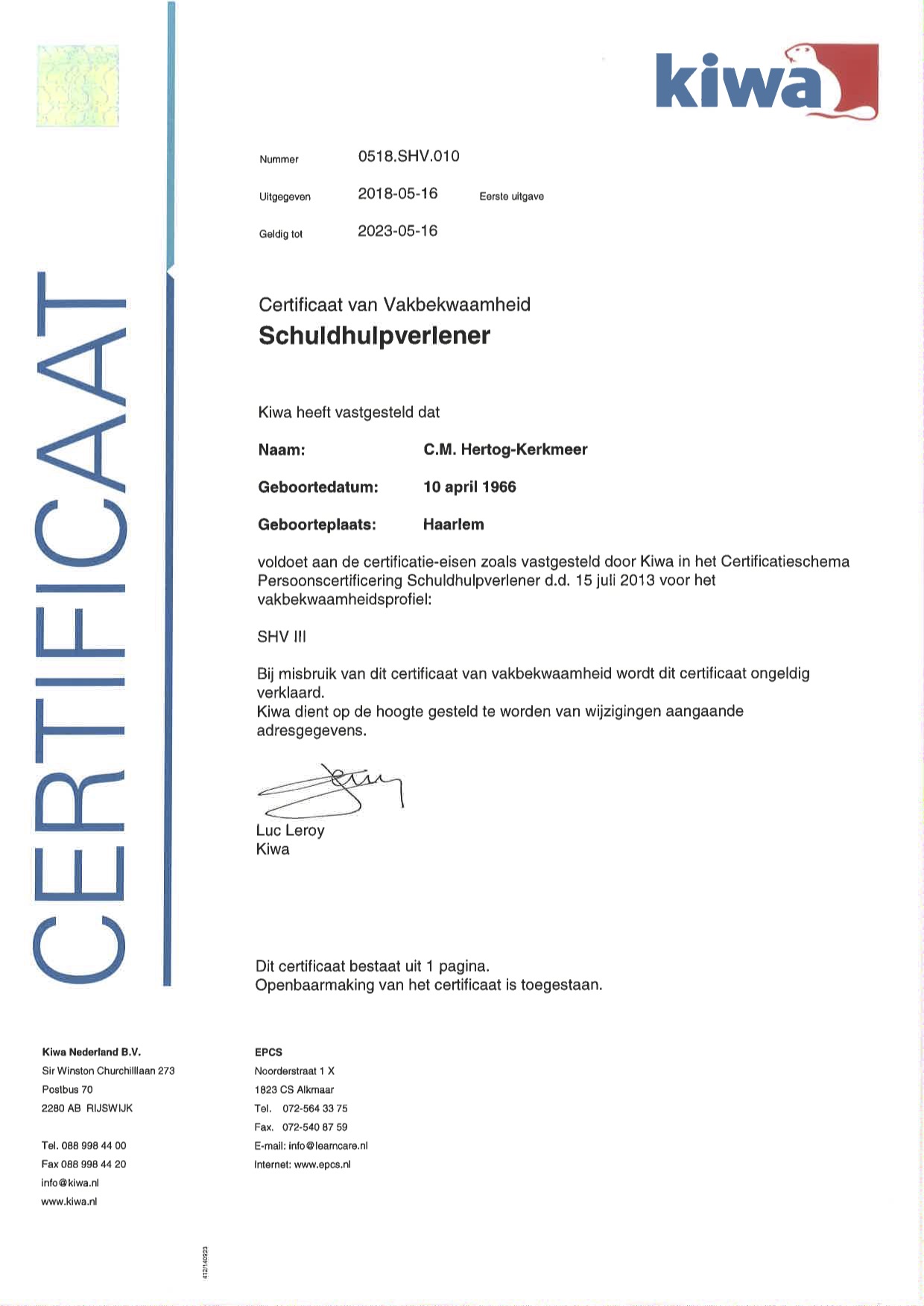 Kiwa certificaat